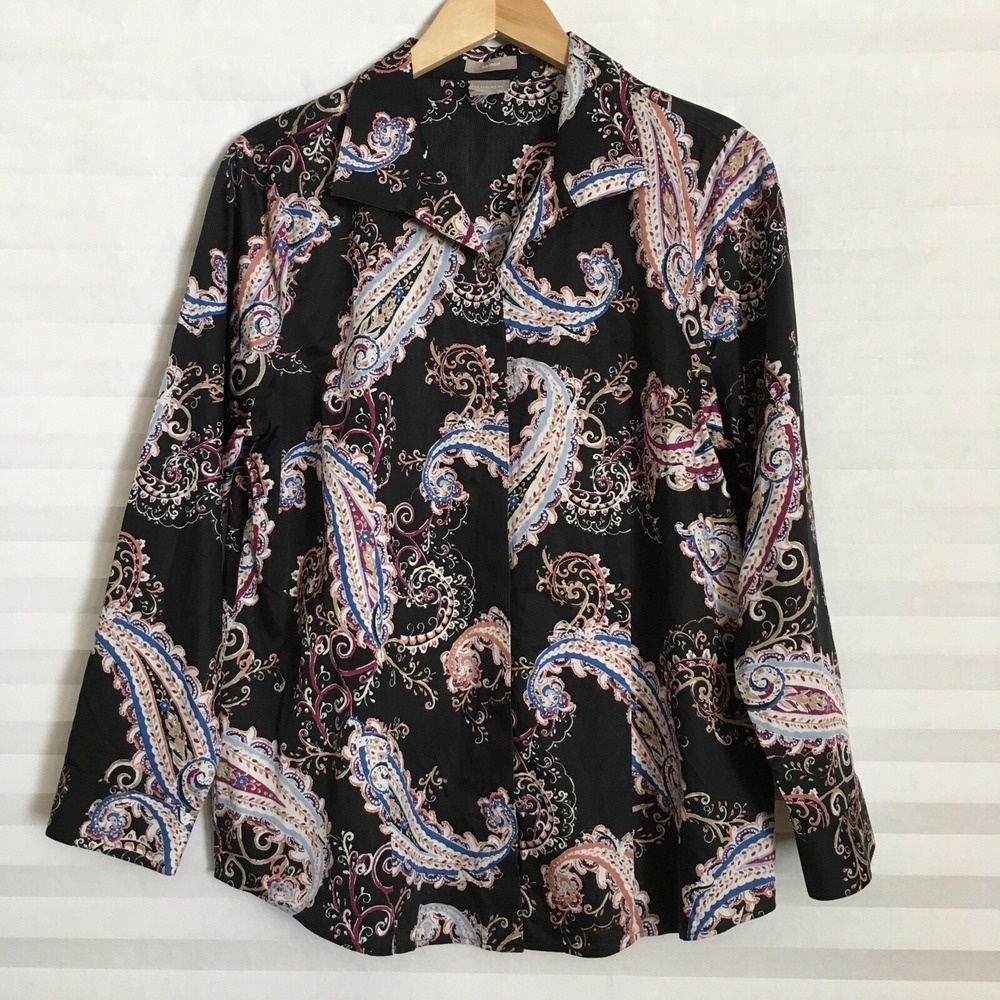 CHICO'S Shirt 100% Cotton No Iron Shirt Button Down Long Sleeve Paisley Size ?2